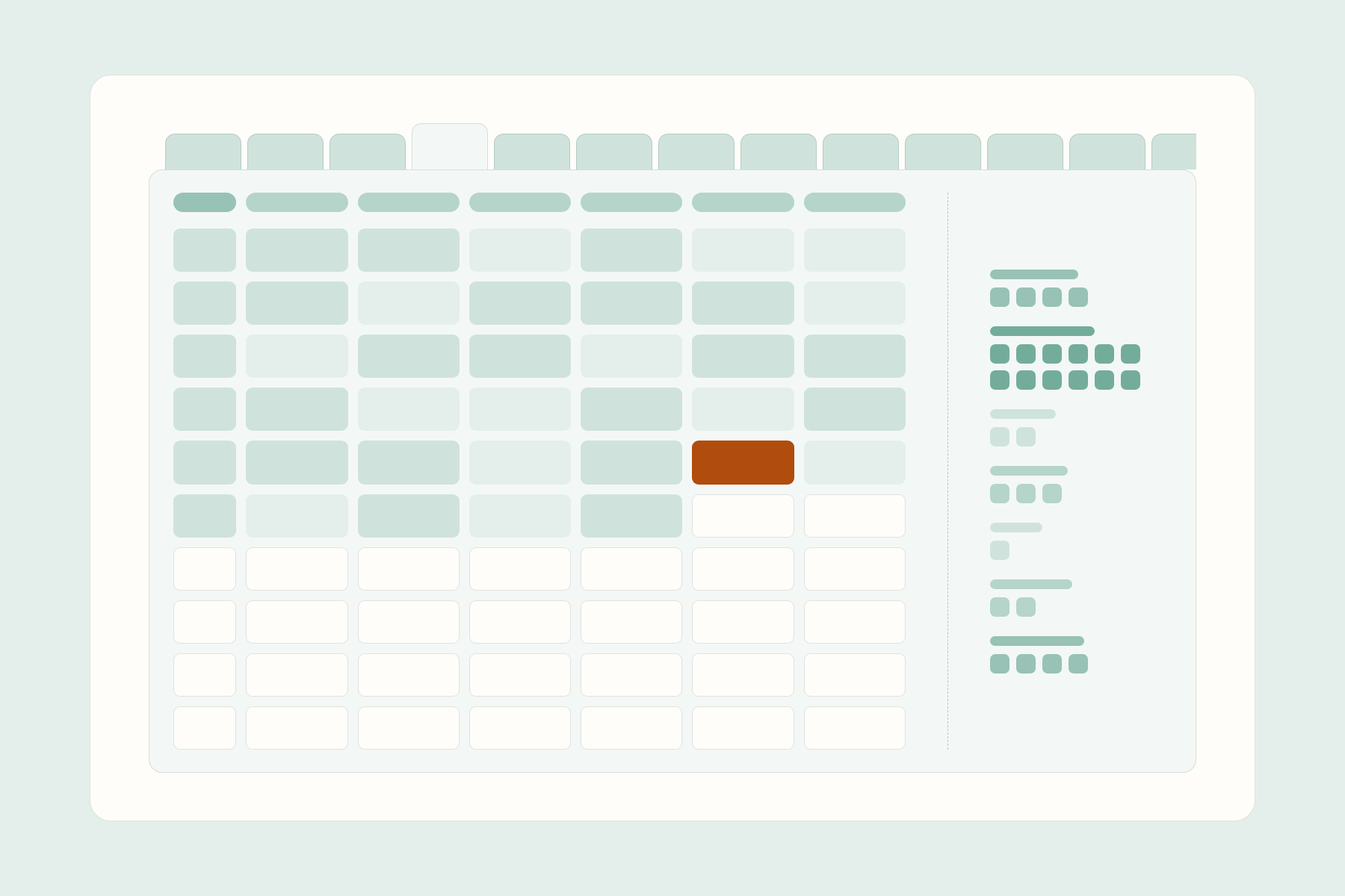 A workbook: a tab strip wider than the sheet, an open log part filled in with one reading out of range, and an index of every form in the book grouped into its seven sections.