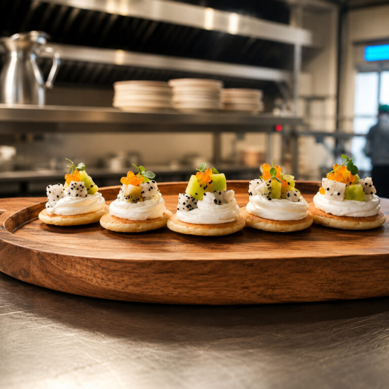 Blinis topped with cream cheese and fruit