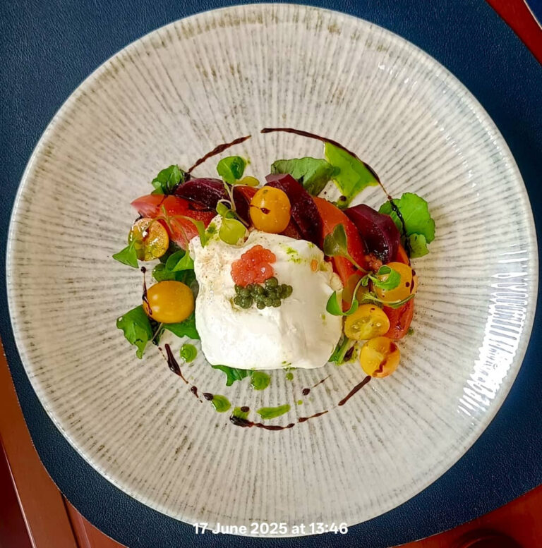 Burrata and tomato salad, shot from above